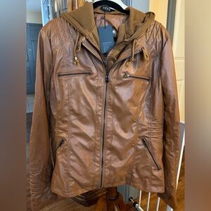NWT WOMENS PLUS SIZE Brown Faux Leather Jacket with removable hood
